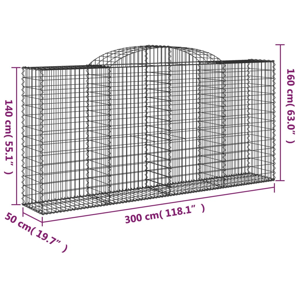 vidaXL Arched Gabion Baskets 8 pcs 300x50x140/160 cm Galvanised Iron