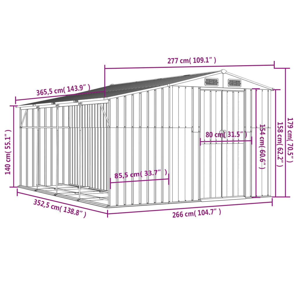 vidaXL Garden Shed Grey 277x365.5x179 cm Galvanised Steel