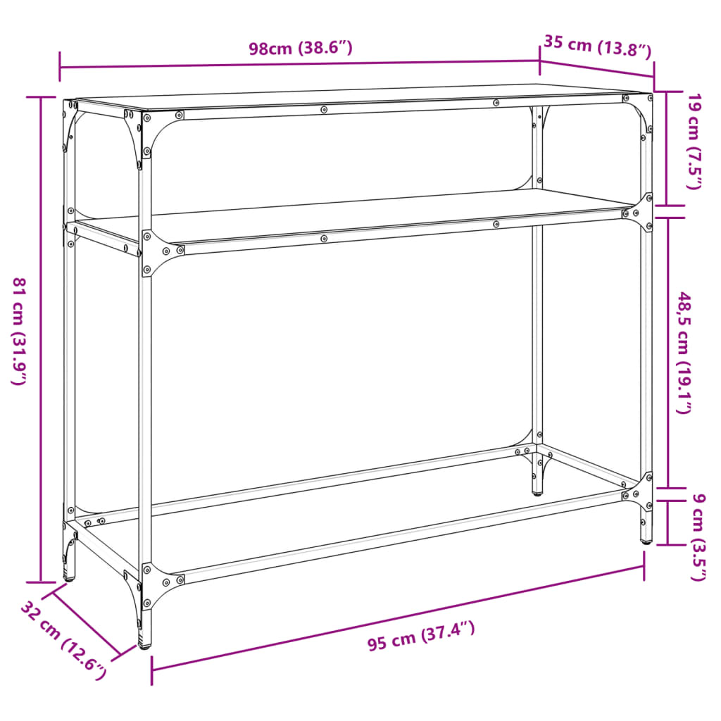 vidaXL Console Table with Transparent Glass Top 98x35x81 cm Steel