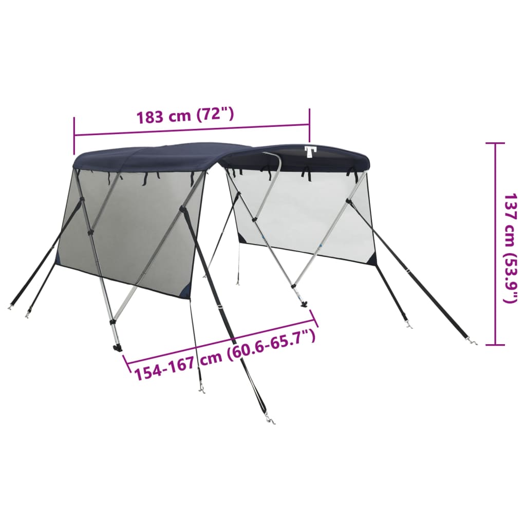 vidaXL 3-bow Bimini Top with Mesh Sidewalls 183x(154-167)x137 cm