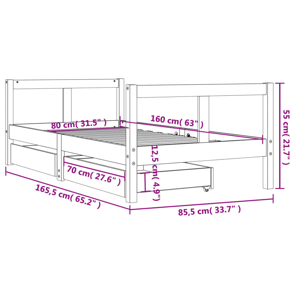 vidaXL Kids Bed Frame with Drawers Black 80x160 cm Solid Wood Pine