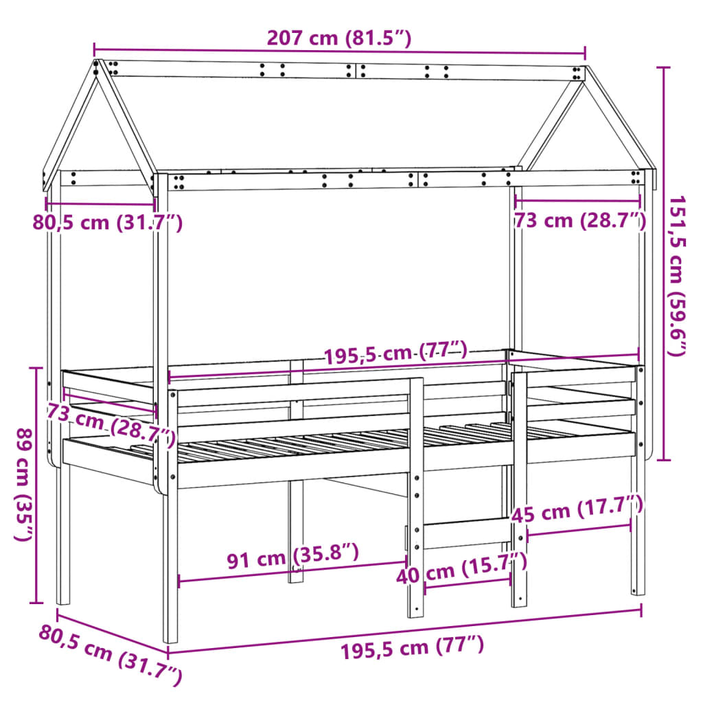 vidaXL High Sleeper Bed without Mattress 75x190 cm Small Single Solid Wood Pine