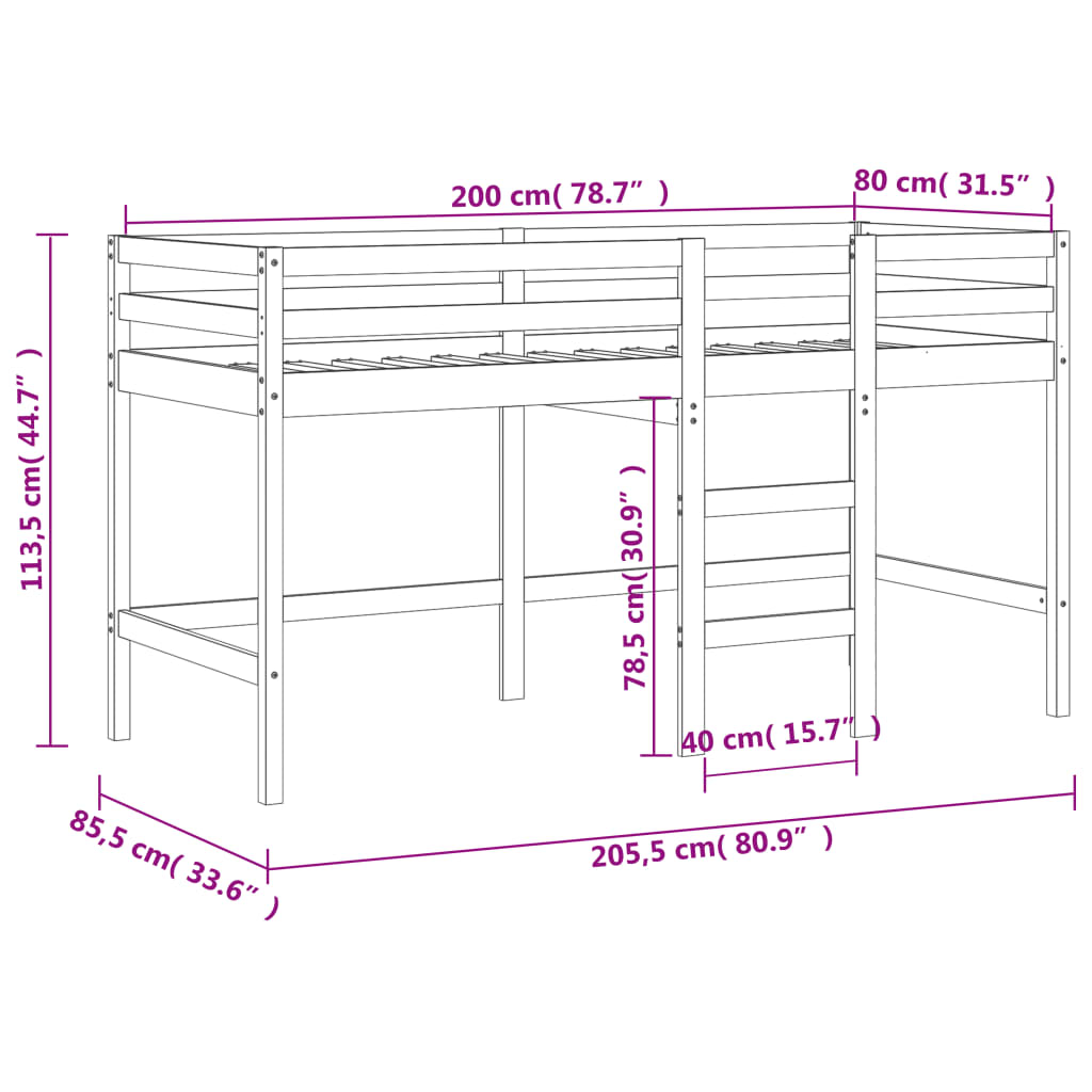 vidaXL Kids' Loft Bed with Curtains without Mattress Pink 80x200 cm