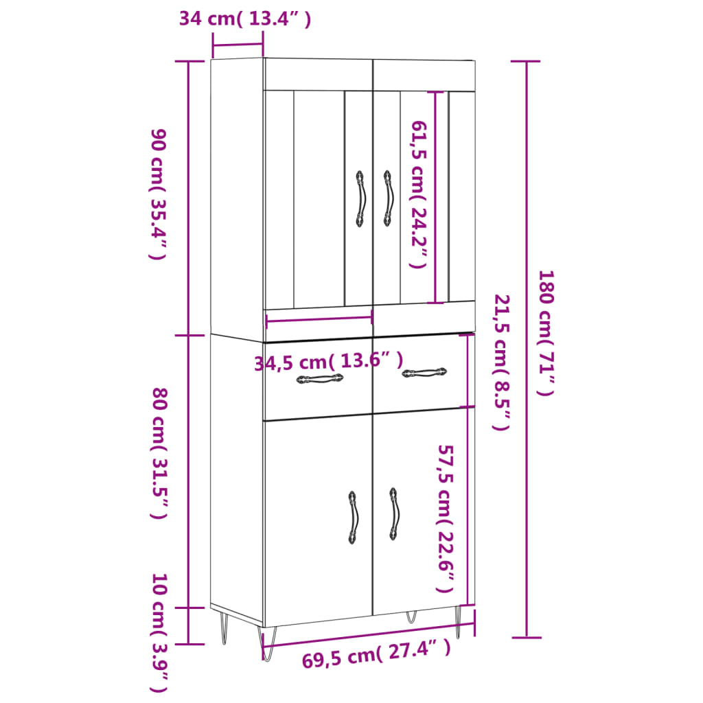 vidaXL Highboard Smoked Oak 69.5x34x180 cm Engineered Wood