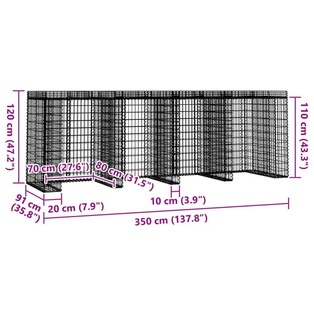 vidaXL Gabion Wall for Garbage Bin 350x91x120 cm Galvanised Iron