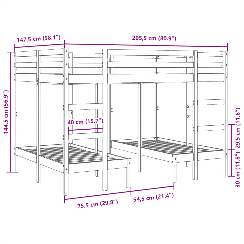 vidaXL Triple Bunk Bed Frame White 140x200/70x140 cm Solid Wood Pine