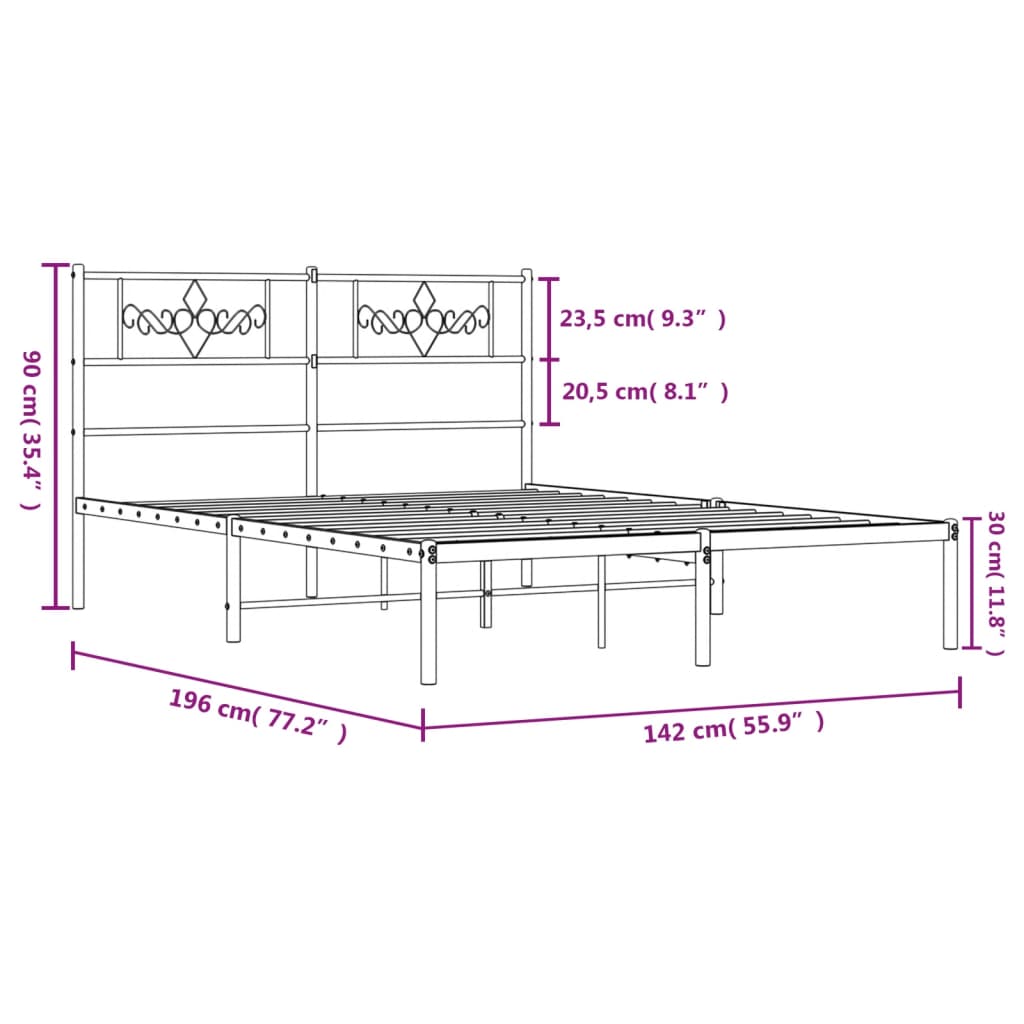 vidaXL Metal Bed Frame without Mattress with Headboard Black 135x190 cm Double