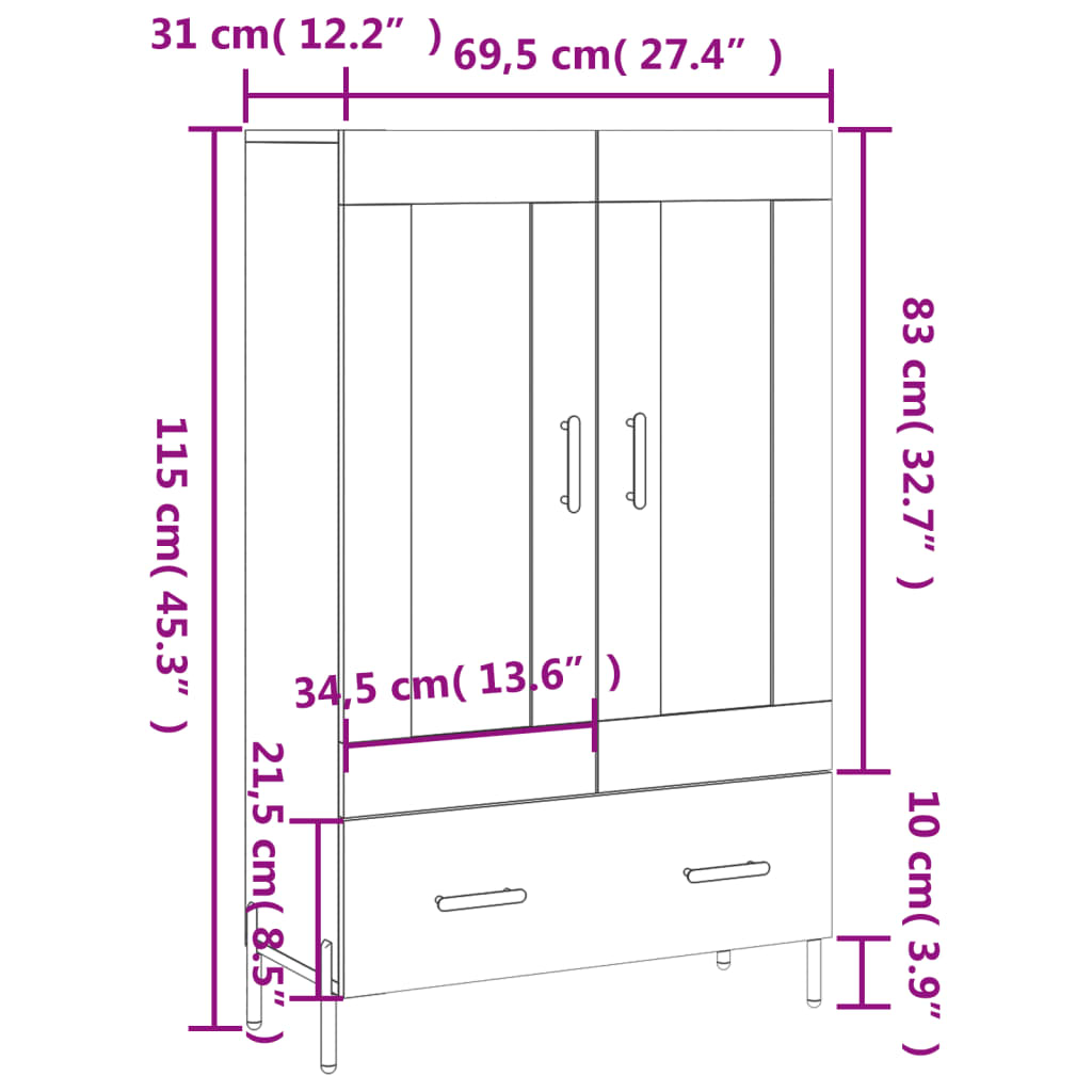 vidaXL Highboard Brown Oak 69.5x31x115 cm Engineered Wood