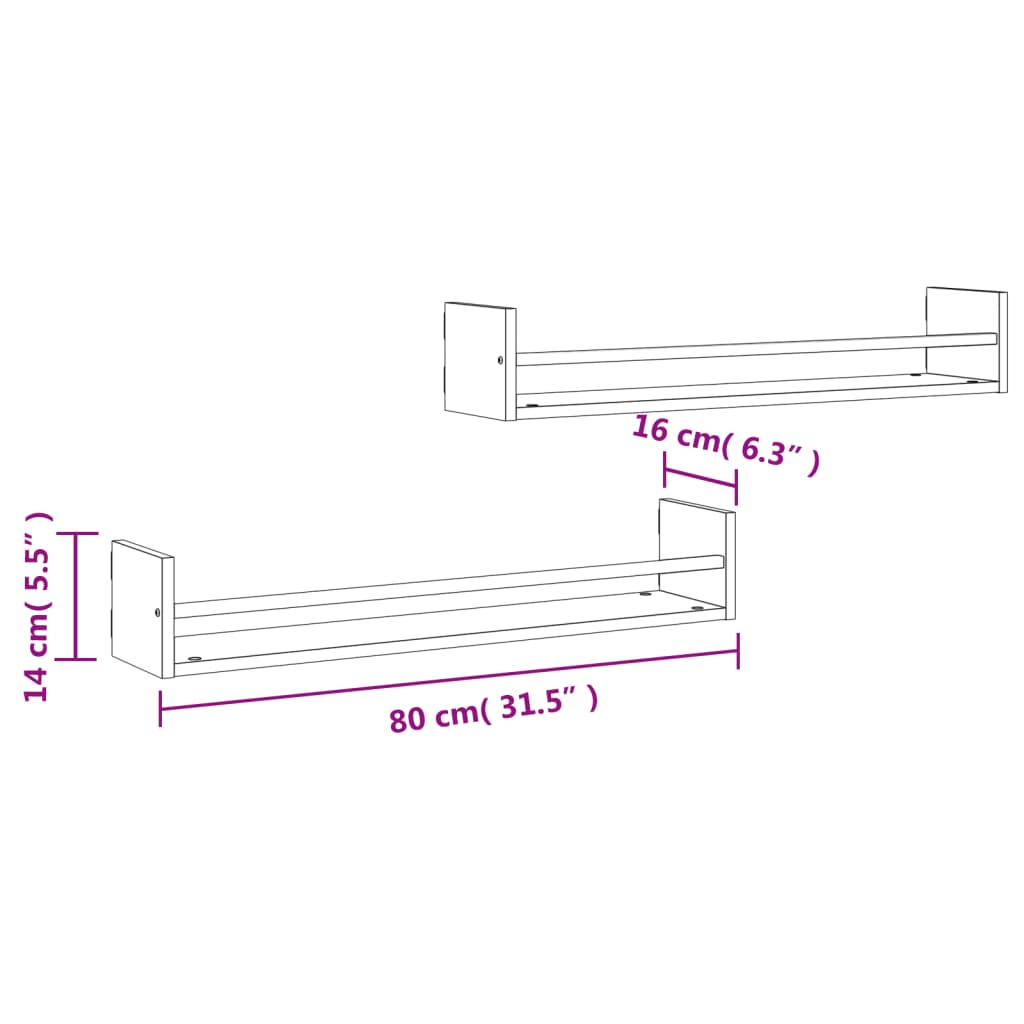 vidaXL Wall Shelves with Bars 2 pcs Sonoma Oak 80x16x14 cm