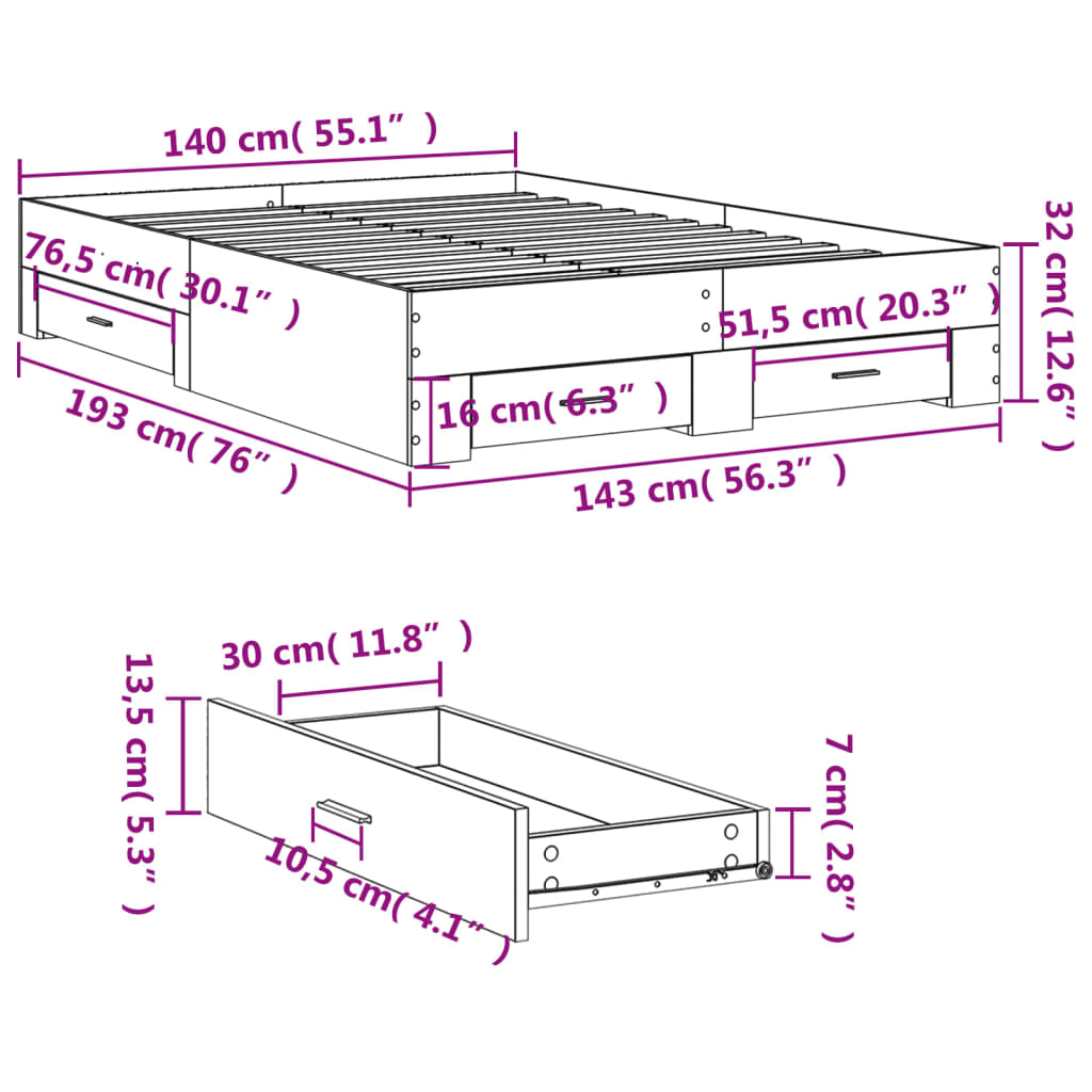 vidaXL Bed Frame with Drawers without Mattress Smoked Oak 140x190 cm