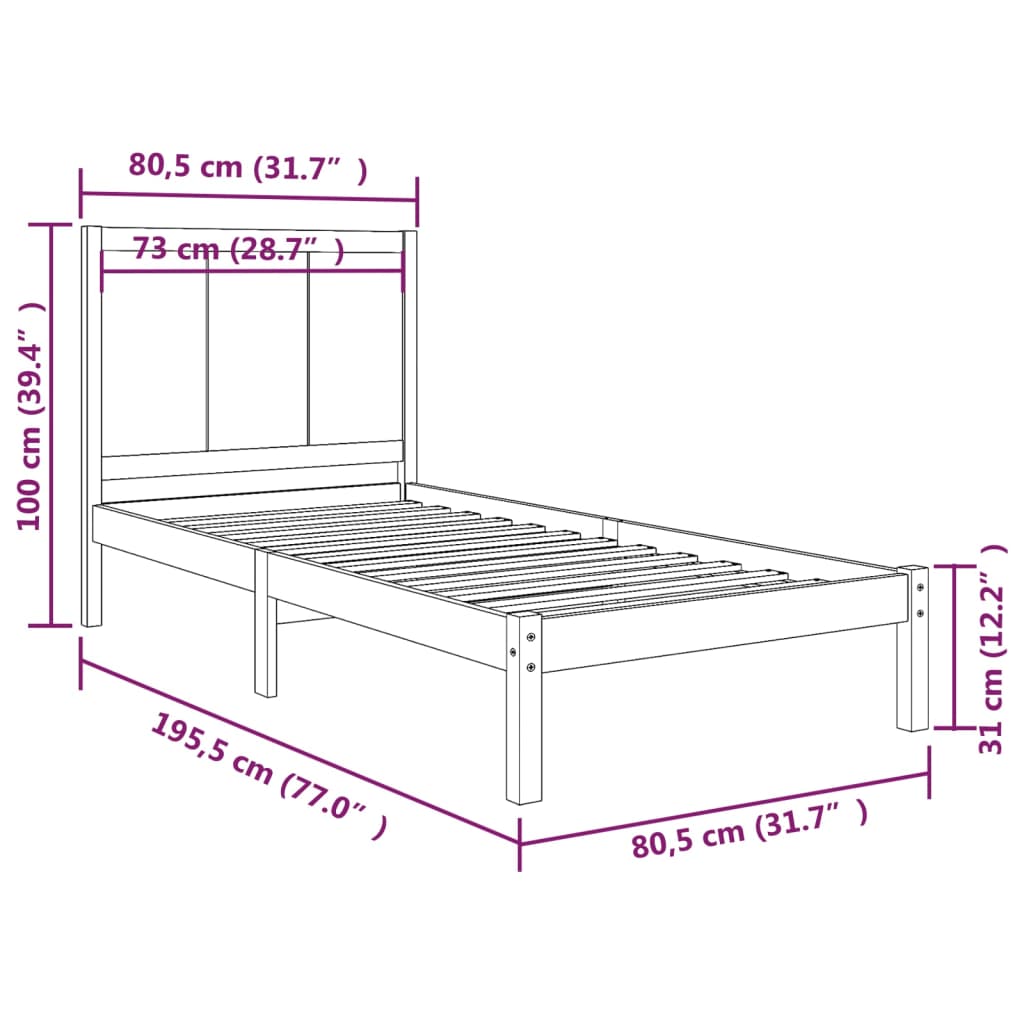 vidaXL Bed Frame without Mattress Black 75x190 cm Small Single Solid Wood Pine