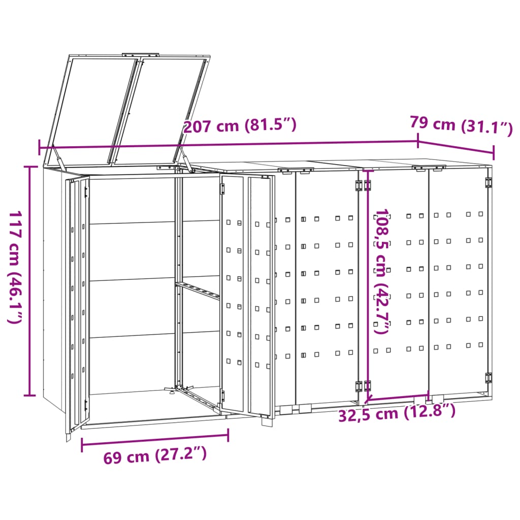 vidaXL Wheelie Bin Storage for 3 Bins Grey 207x79x117 cm Steel