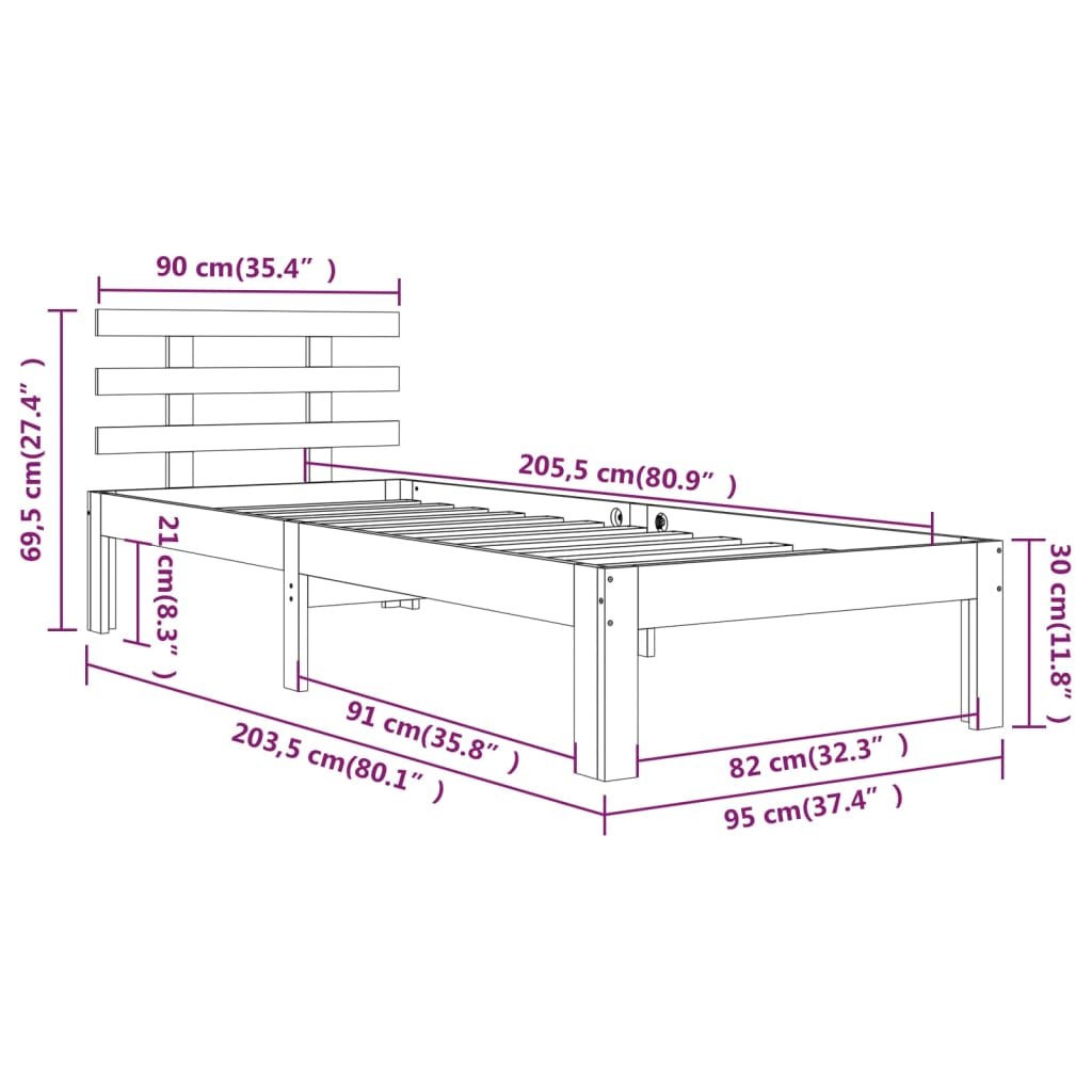 vidaXL Bed Frame without Mattress Solid Wood 90x200 cm