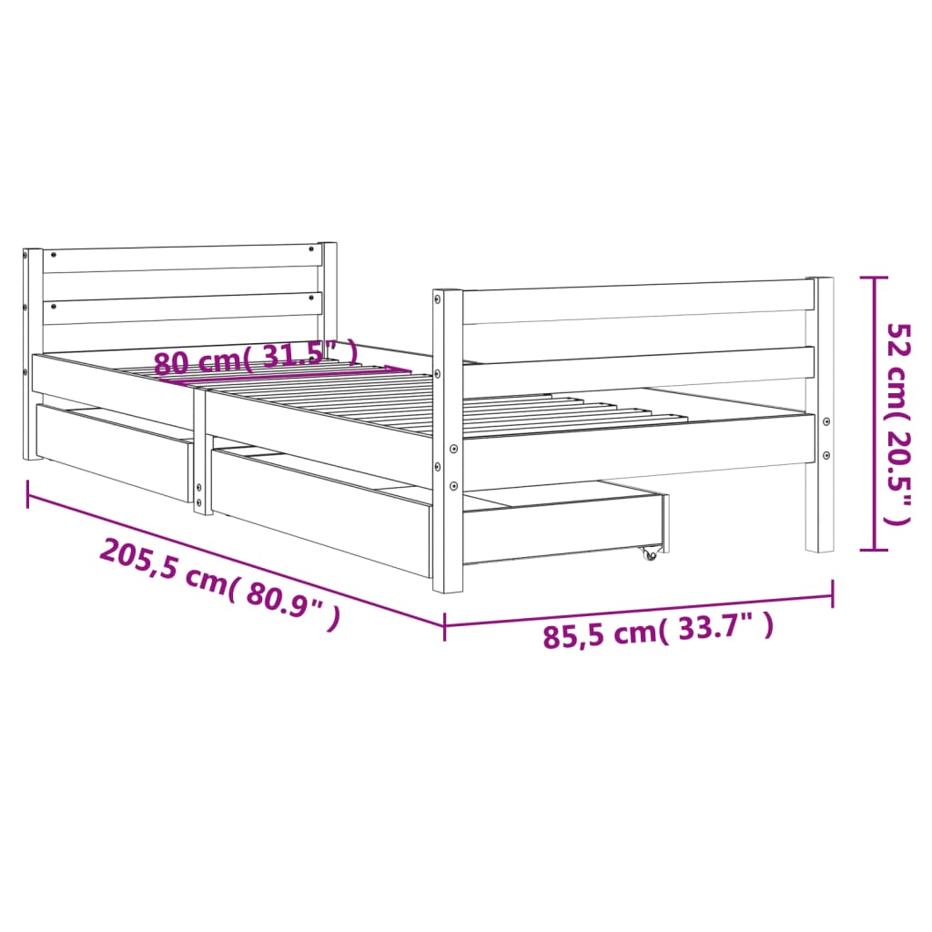 vidaXL Kids Bed Frame with Drawers Black 80x200 cm Solid Wood Pine