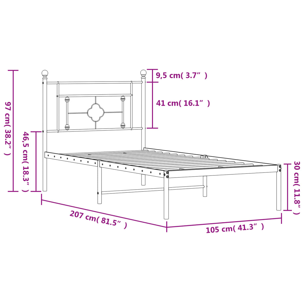 vidaXL Metal Bed Frame without Mattress with Headboard Black 100x200 cm