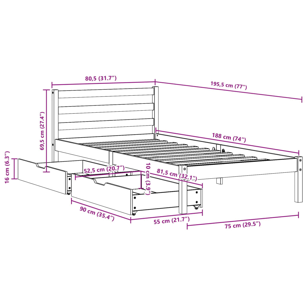 vidaXL Bed Frame without Mattress White 75x190 cm Small Single Solid Wood Pine