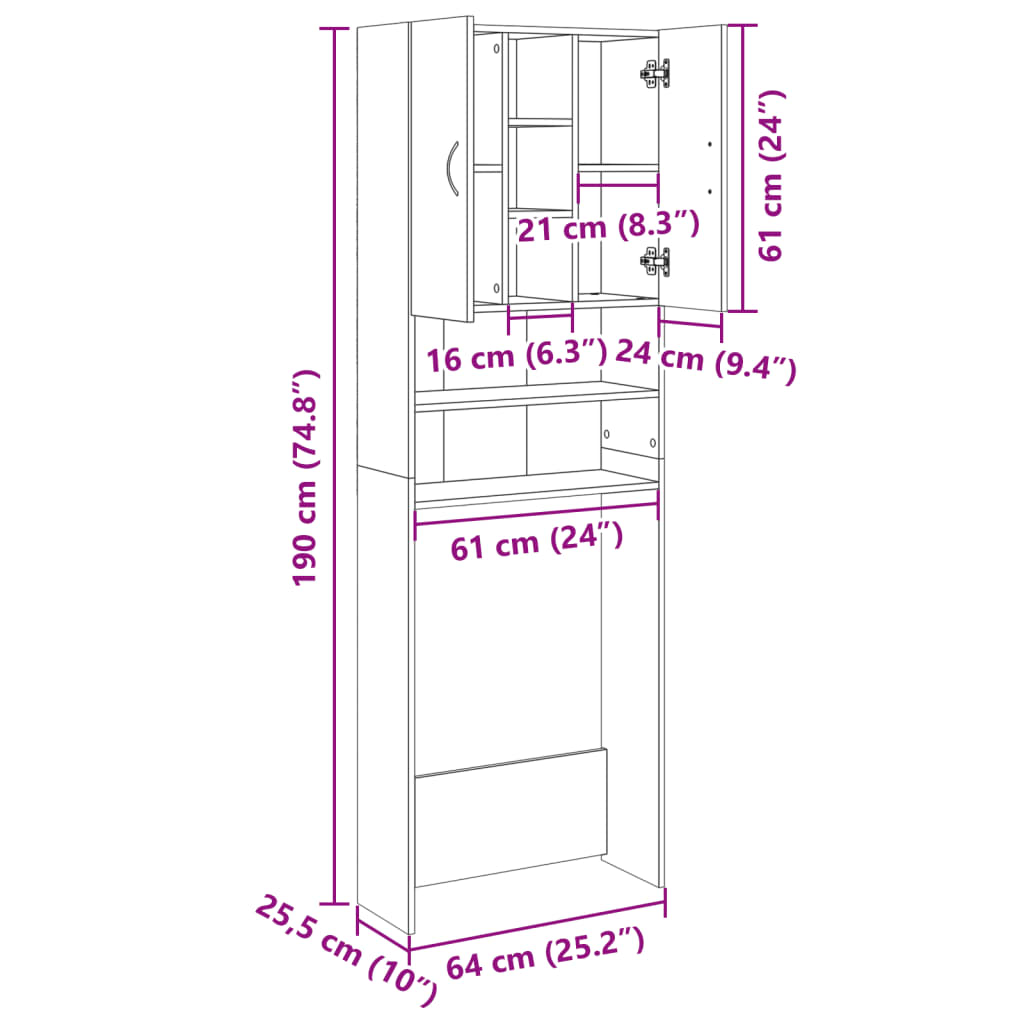 vidaXL Washing Machine Cabinet Sonoma Oak 64x25.5x190 cm