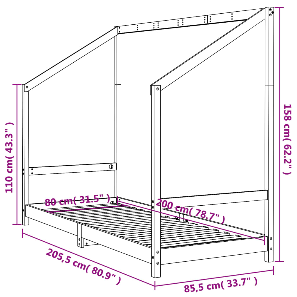 vidaXL Kids Bed Frame Black 80x200 cm Solid Wood Pine