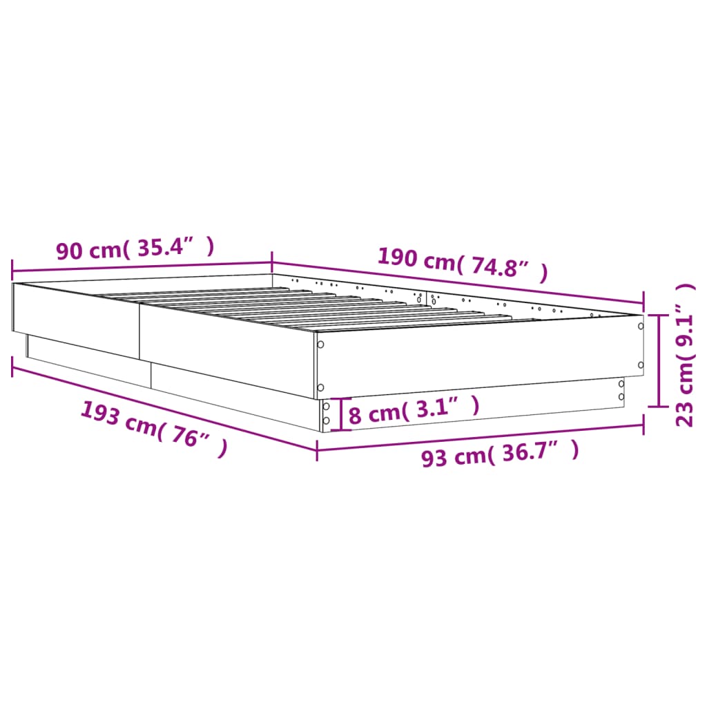 vidaXL Bed Frame without Mattress Grey Sonoma 90x190 cm Single Engineered Wood