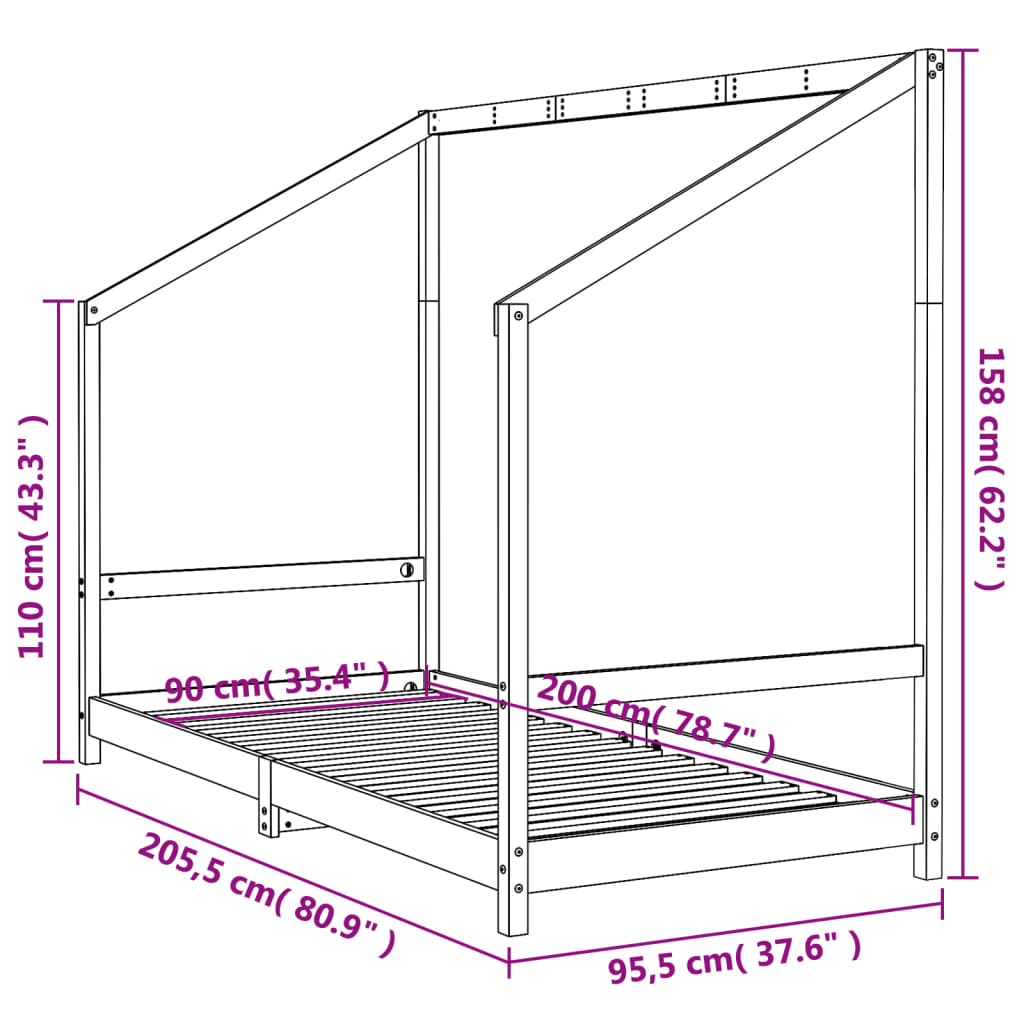 vidaXL Kids Bed Frame 90x200 cm Solid Wood Pine