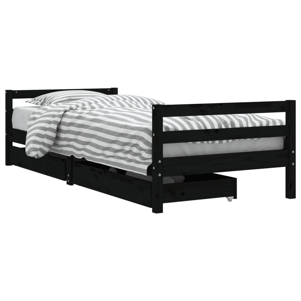 vidaXL Kids Bed Frame with Drawers Black 90x200 cm Solid Wood Pine