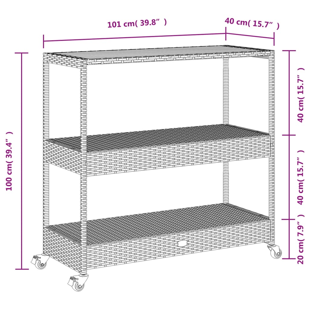 vidaXL Bar Cart 3-Tier Black Poly Rattan and Solid Wood Acacia