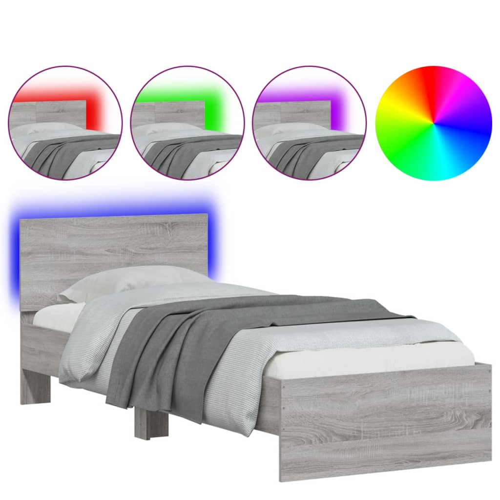 vidaXL Bed Frame without Mattress with LED Lights Grey Sonoma 90x200 cm