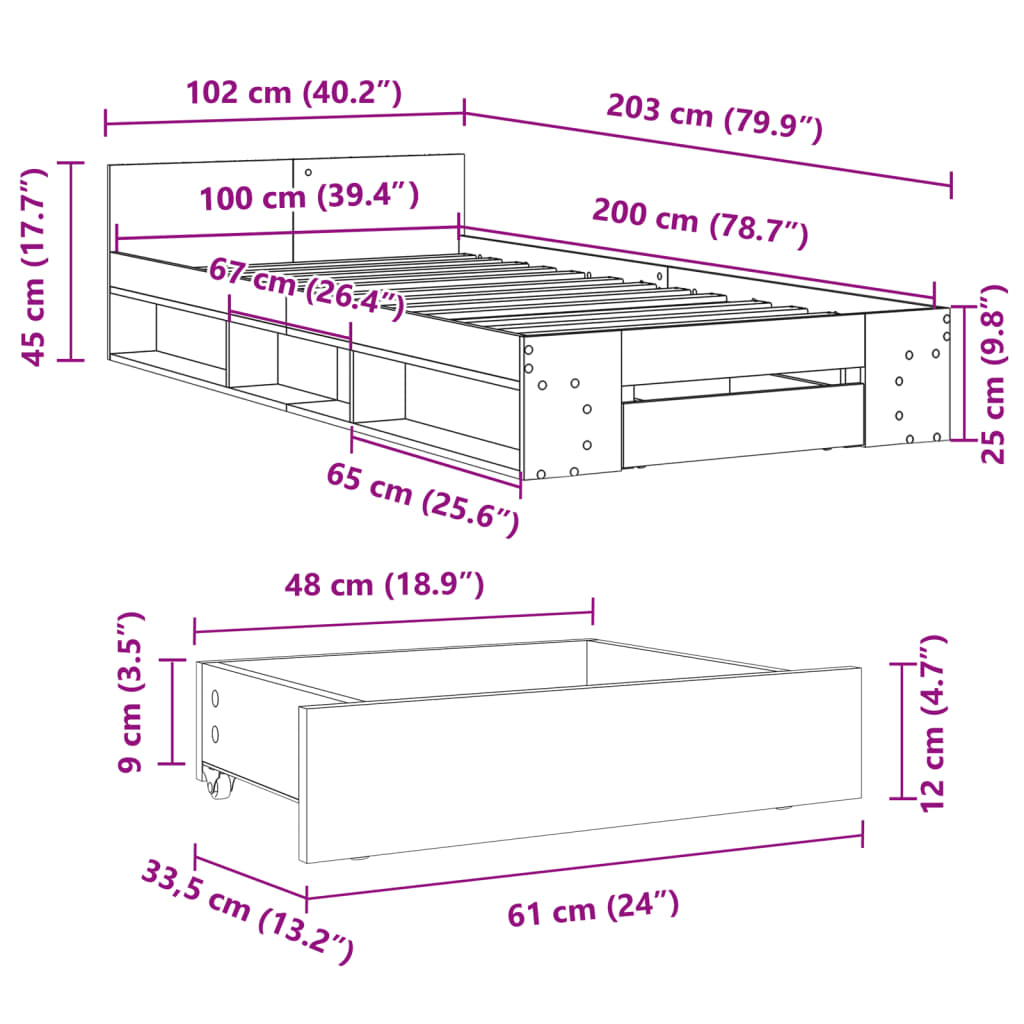 vidaXL Bed Frame with Drawer without Mattress Sonoma Oak 100x200 cm