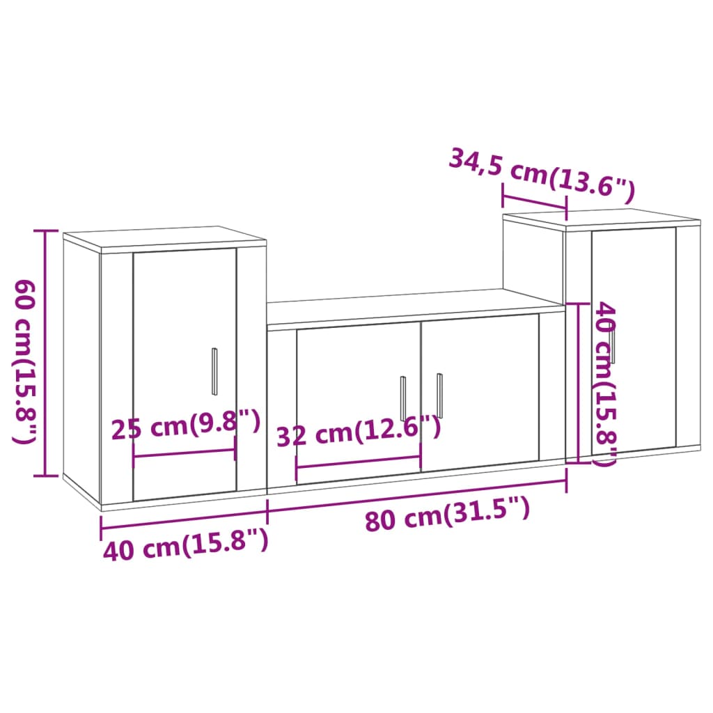 vidaXL 3 Piece TV Cabinet Set Grey Sonoma Engineered Wood