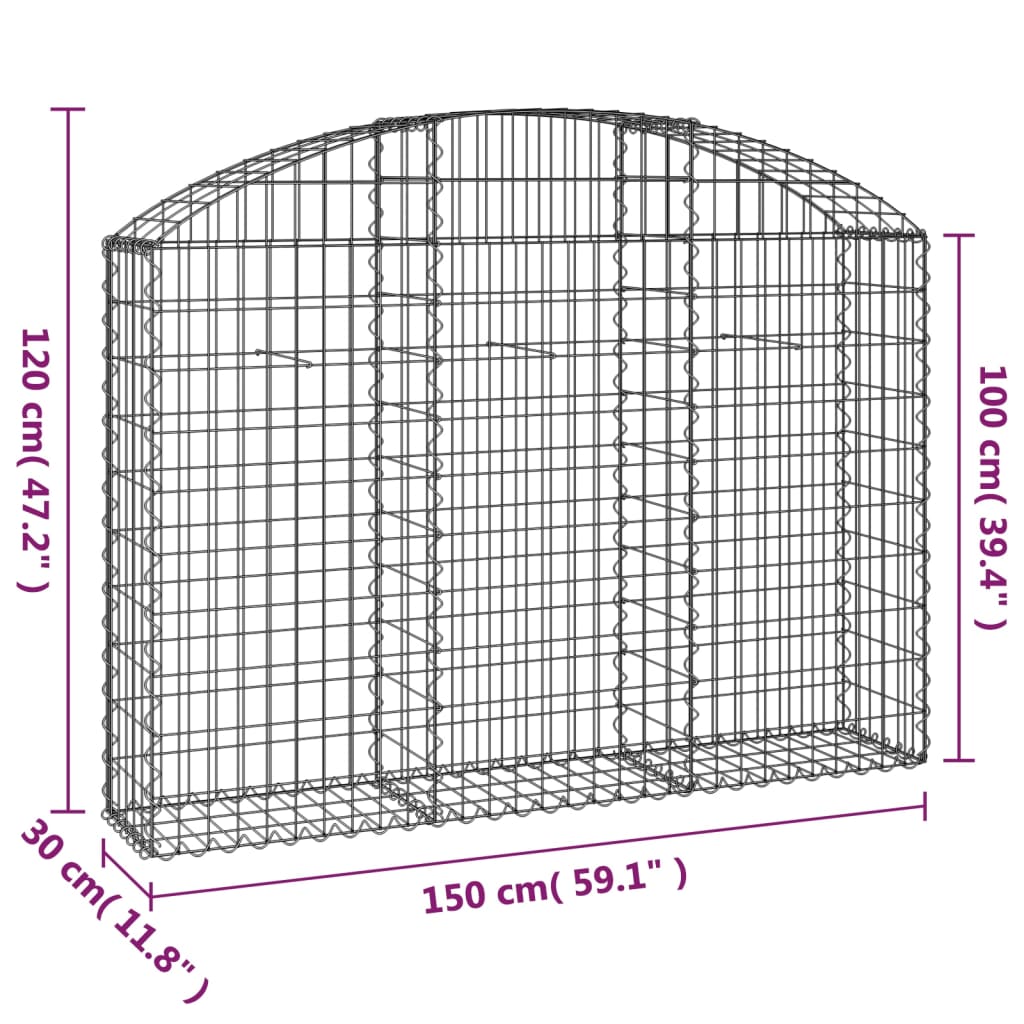 vidaXL Arched Gabion Basket 150x30x100/120 cm Galvanised Iron