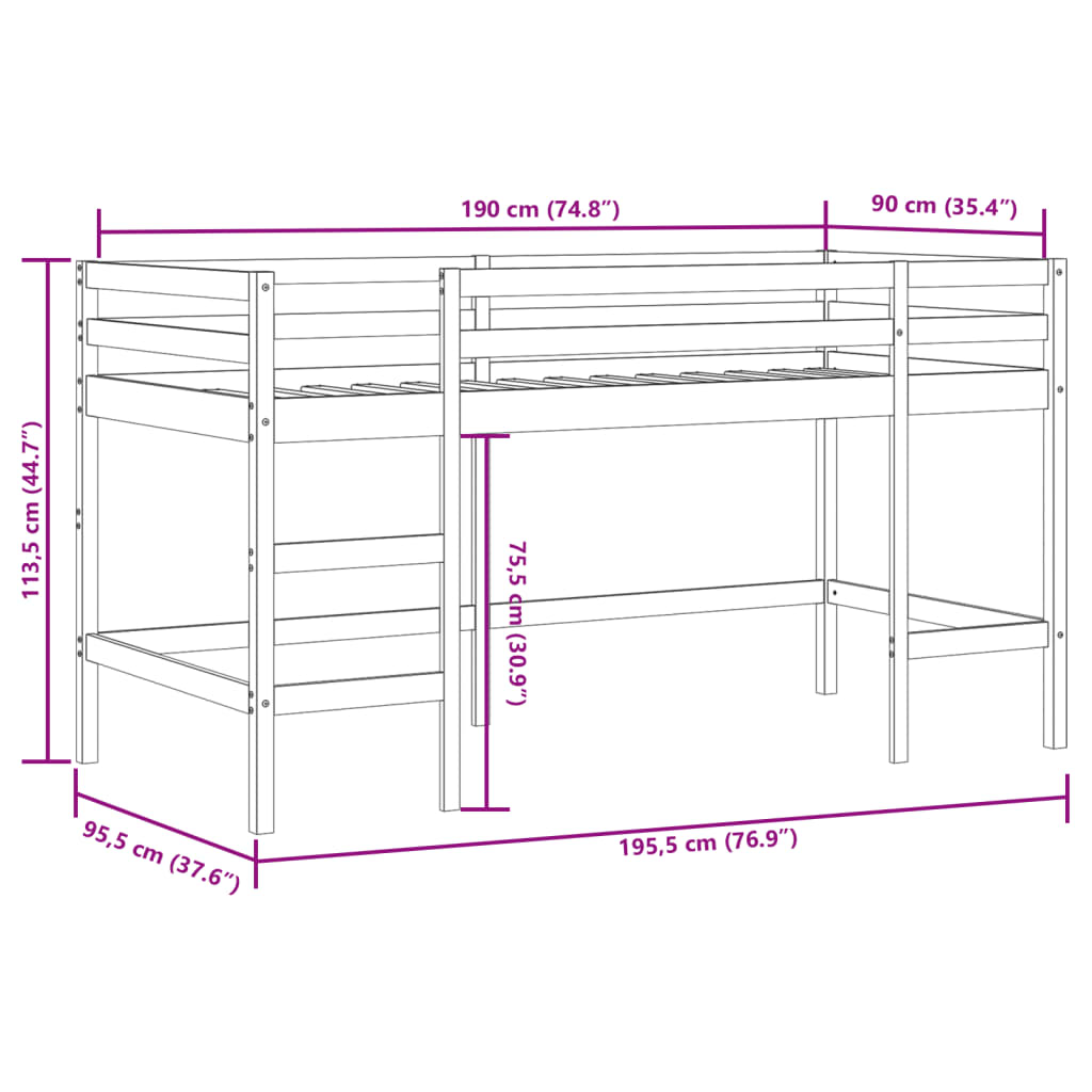 vidaXL Kids' Loft Bed with Curtains without Mattress White&Black 90x190 cm Single