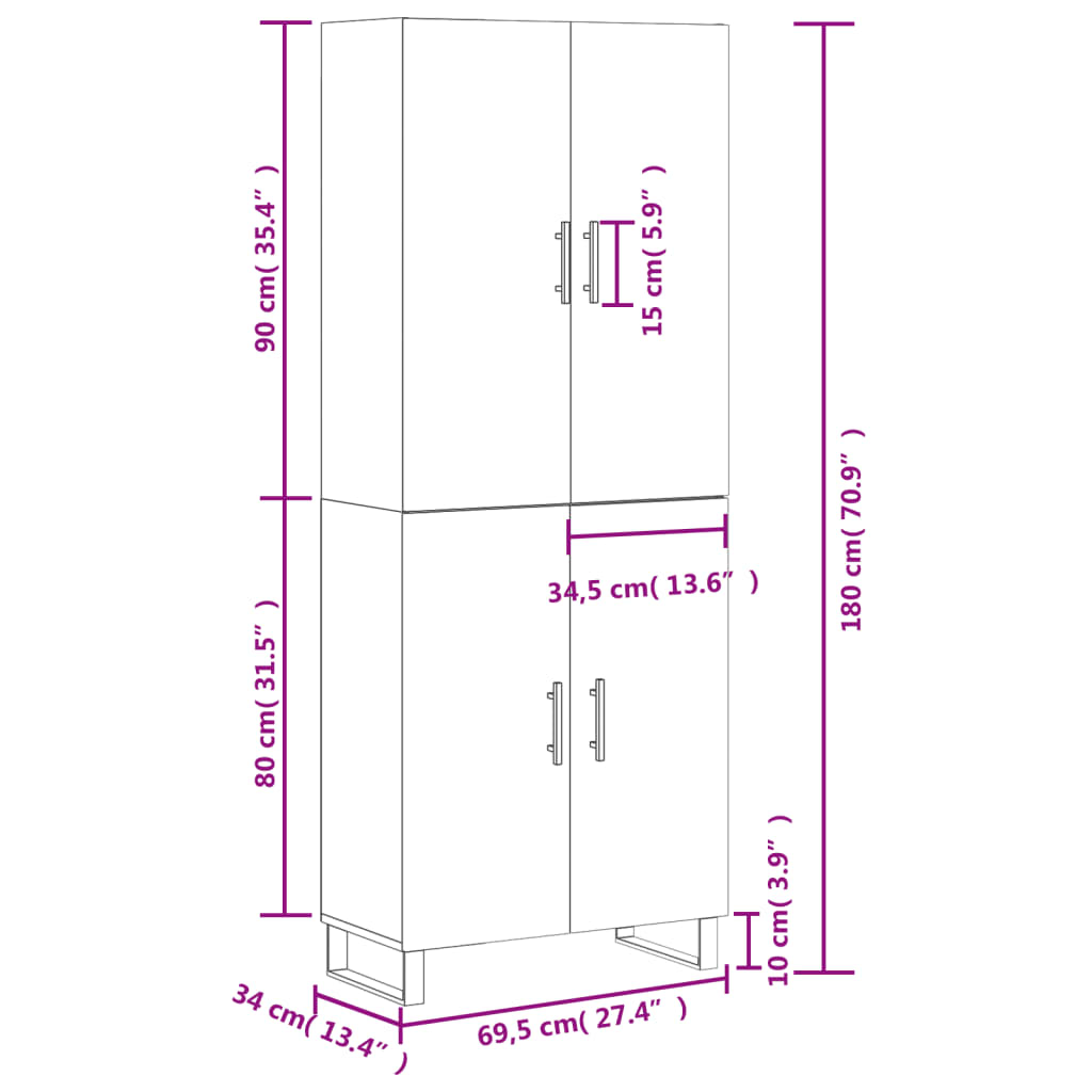 vidaXL Highboard Concrete Grey 69.5x34x180 cm Engineered Wood