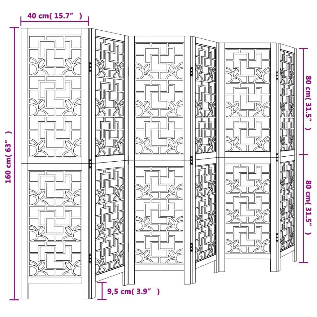 vidaXL Room Divider 6 Panels Brown Solid Wood Paulownia