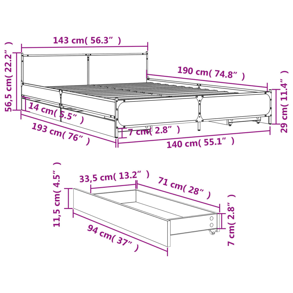 vidaXL Bed Frame with Drawers without Mattress Black 140x190 cm