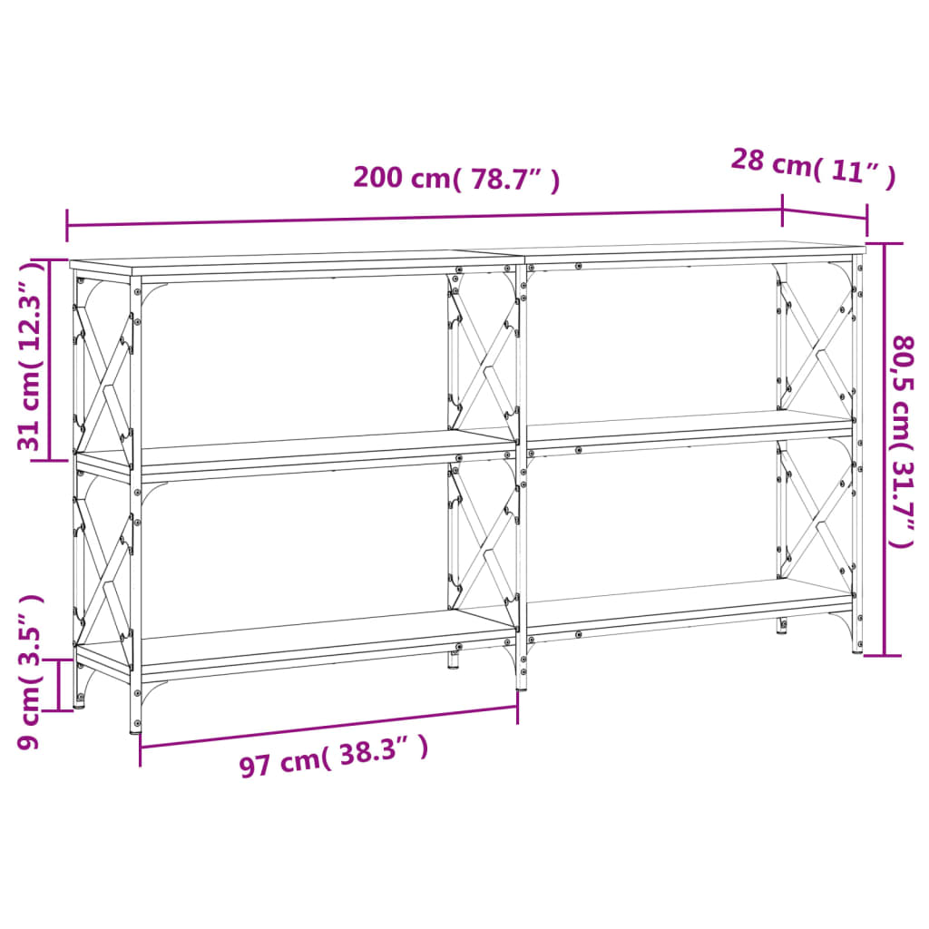 vidaXL Console Table Grey Sonoma 200x28x80.5 cm Engineered Wood