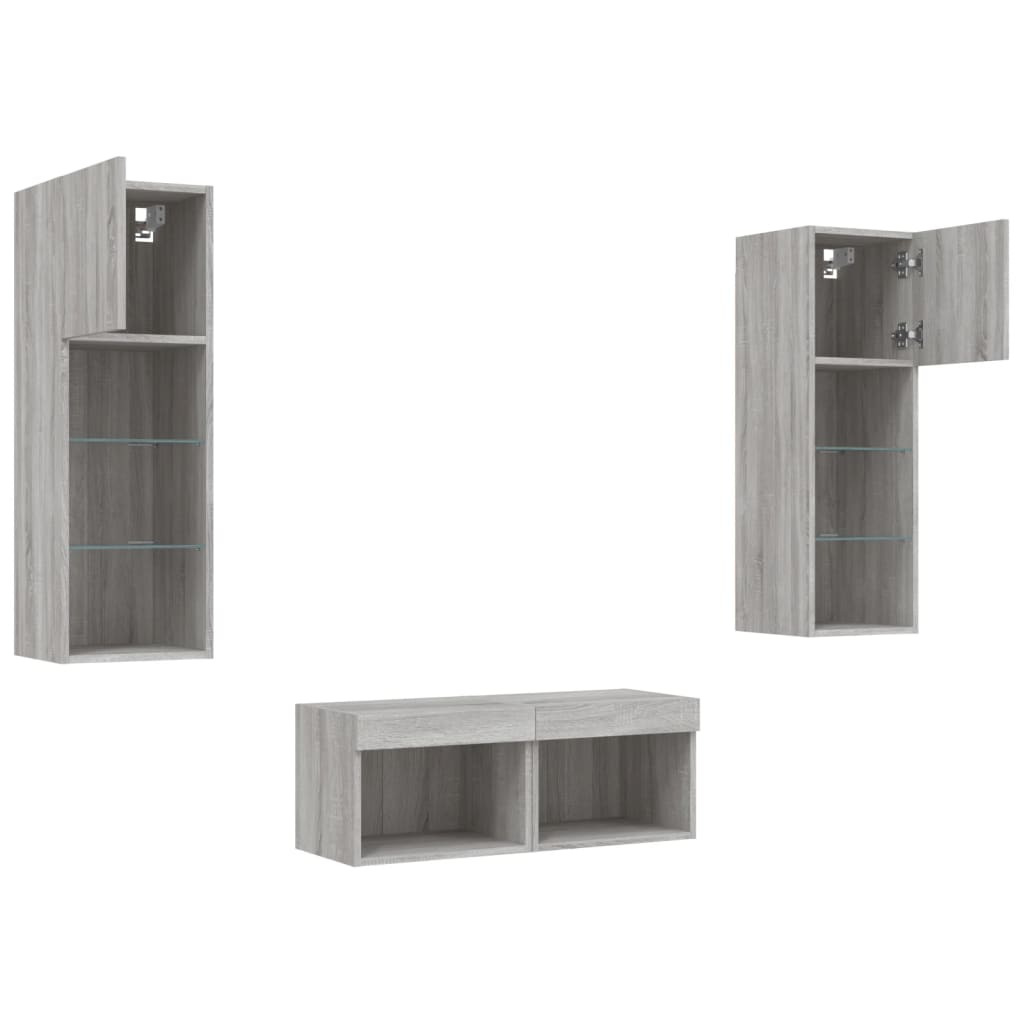 vidaXL 4 Piece TV Wall Cabinets with LED Lights Grey Sonoma