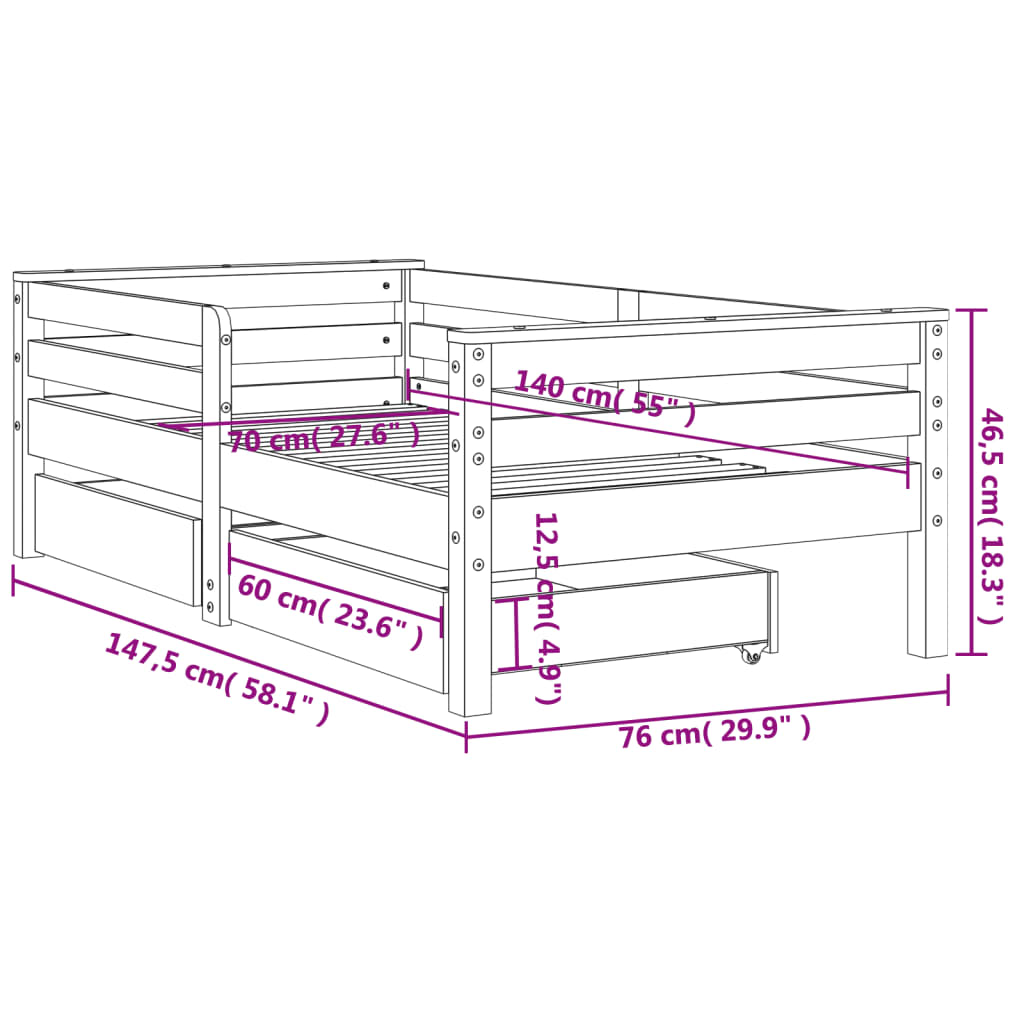 vidaXL Kids Bed Frame with Drawers 70x140 cm Solid Wood Pine