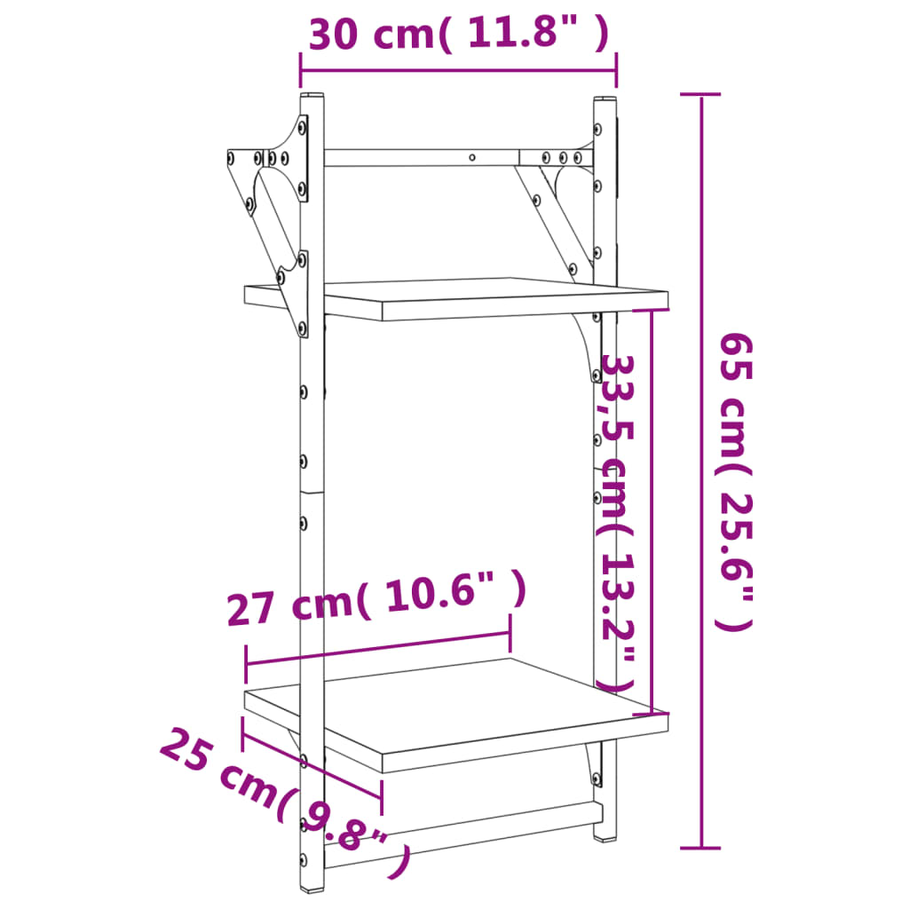 vidaXL 2-Tier Wall Shelves with Bars 2 pcs Brown Oak 30x25x65 cm