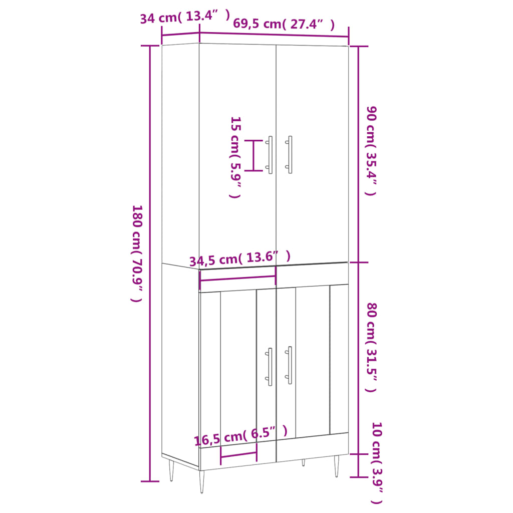 vidaXL Highboard Grey Sonoma 69.5x34x180 cm Engineered Wood