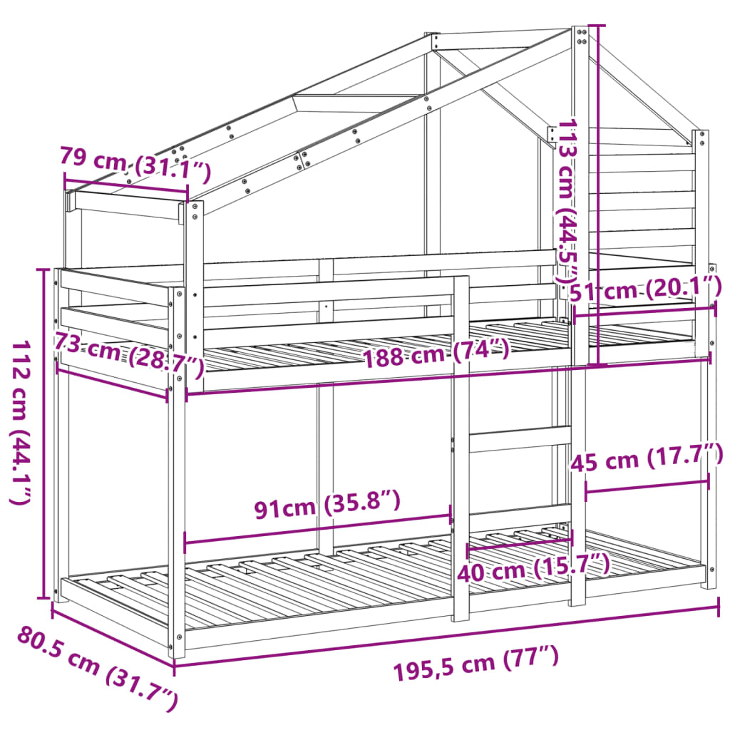 vidaXL Bunk Bed without Mattress 75x190 cm Small Single Solid Wood Pine