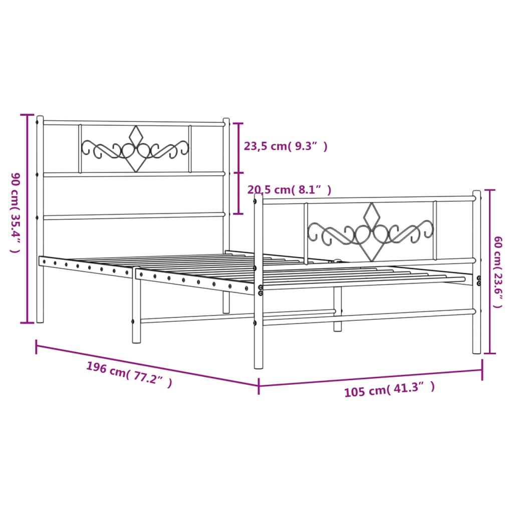 vidaXL Metal Bed Frame without Mattress with Footboard Black 100x190 cm