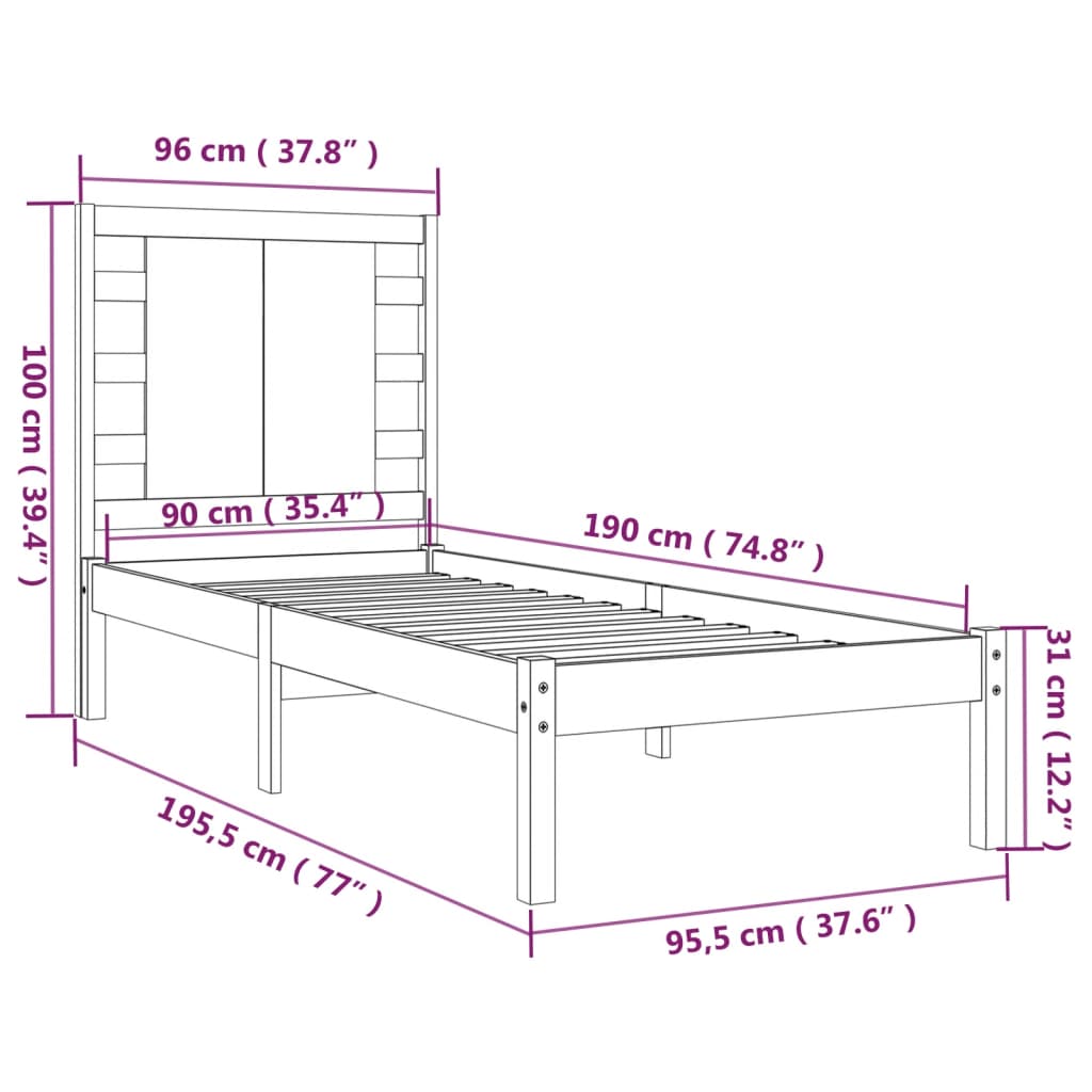 vidaXL Bed Frame without Mattress Black 90x190 cm Single Solid Wood