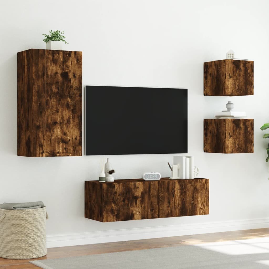 vidaXL 4 Piece TV Wall Cabinets with LED Lights Smoked Oak