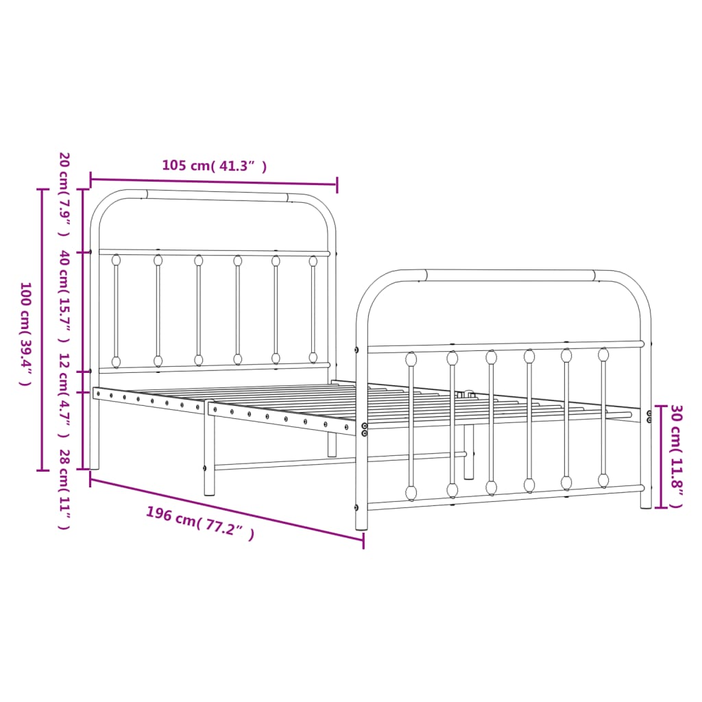 vidaXL Metal Bed Frame without Mattress with Footboard White 100x190 cm