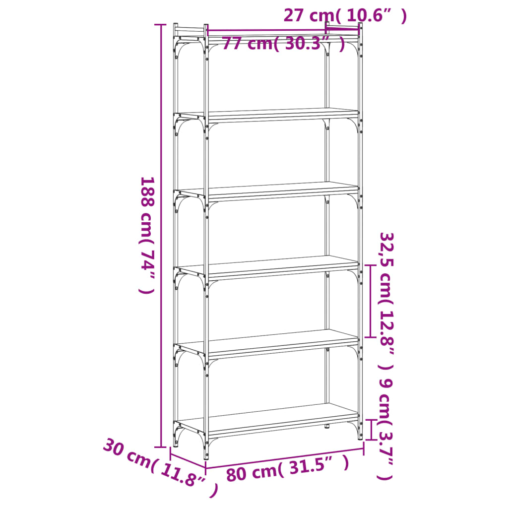 vidaXL Bookcase 6-Tier Black 80x30x188 cm Engineered Wood