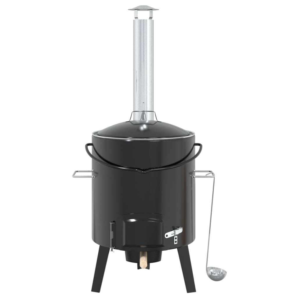 vidaXL Goulash Cannon with Chimney and Lid Black Enamelled Steel