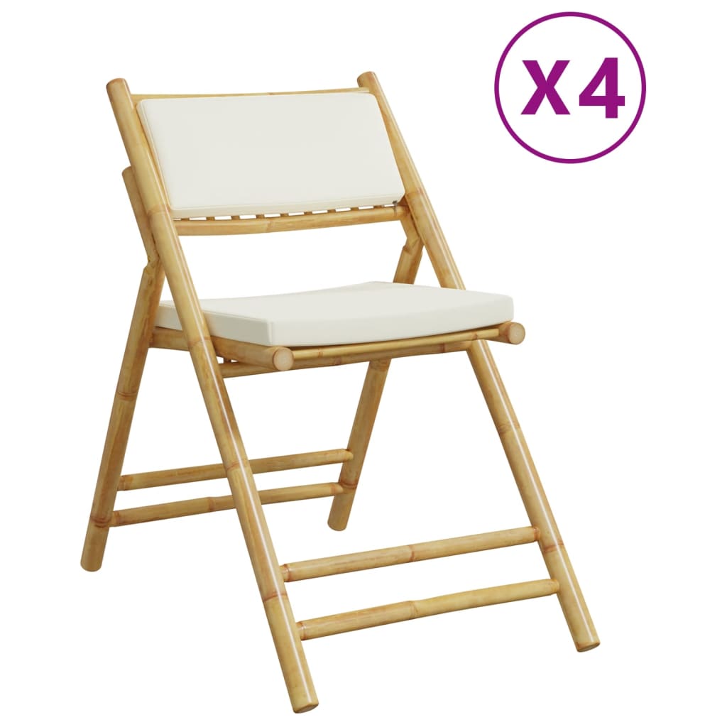 vidaXL 4 Piece Folding Bistro Chairs with Cream White Cushions Bamboo