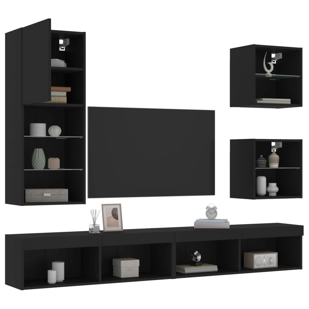 vidaXL 5 Piece TV Wall Units with LED Black Engineered Wood