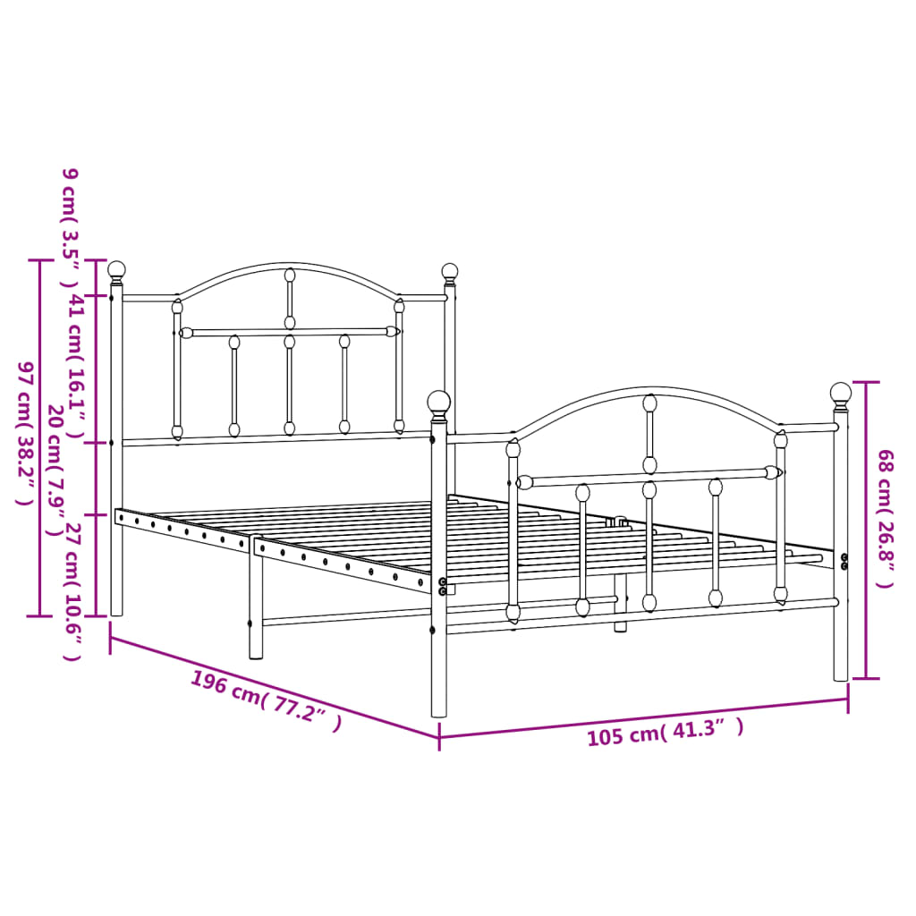 vidaXL Metal Bed Frame without Mattress with Footboard Black 100x190 cm