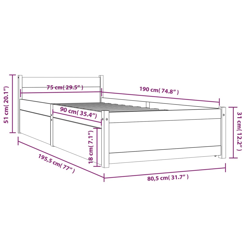 vidaXL Bed Frame without Mattress with Drawers White Small Single